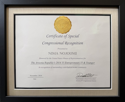 Certificate of Special Congressional Recognition awarded to Nima Nojoumi